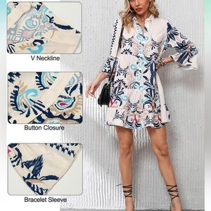 Floral Print Button-Down Dress with V Neckline